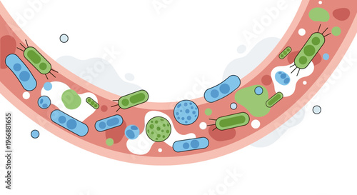 Microscopic view of diverse bacteria and viruses in a blood vessel