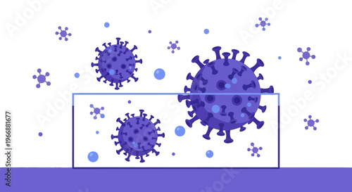 Microscopic view of purple coronavirus particles under a microscope, scientific research concept