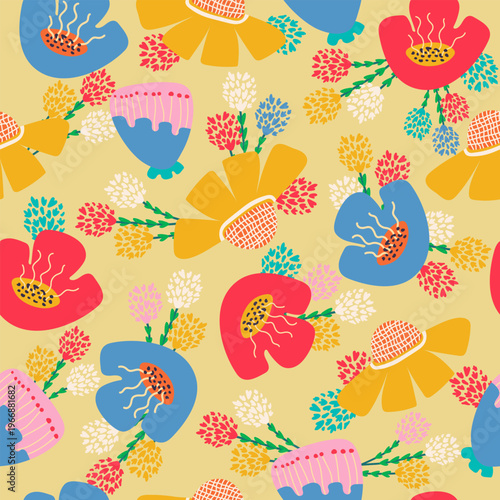 A seamless floral pattern featuring vibrant, abstract flowers. A hand-drawn botanical illustration suitable for fabric, wallpaper, and textile design. Creative nature-themed art.