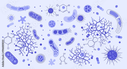 Microscopic World: Bacteria, Viruses, Cells, and Chemical Structures on Blue Background