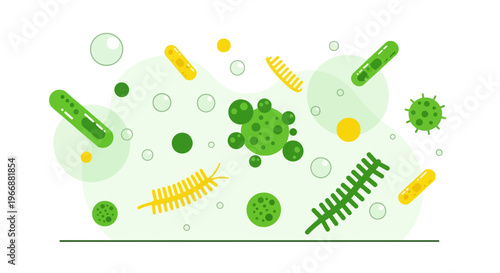 Microscopic world: colorful bacteria, viruses and cells in abstract science illustration