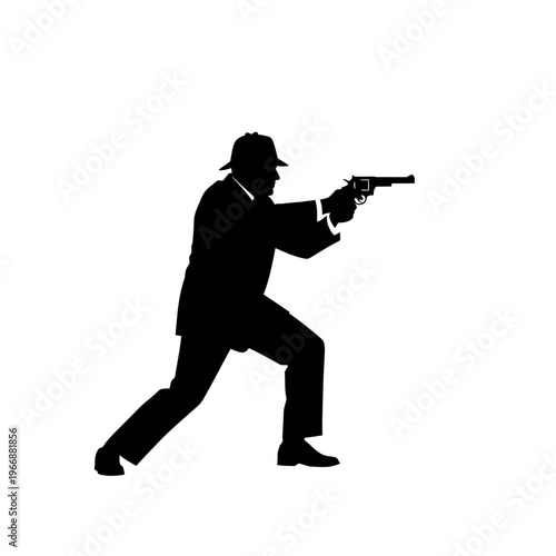 Silhouette of a man in a hat aiming a gun.