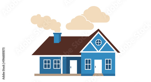 Blue house with brown roof emitting smoke from chimney under beige clouds white background