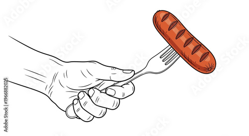 Hand holding fork with grilled sausage ready to eat isolated white background food