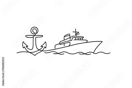 Simple line art: small ship sailing with anchor design