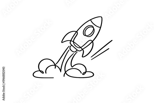 Rocket launching in simple black and white line art style