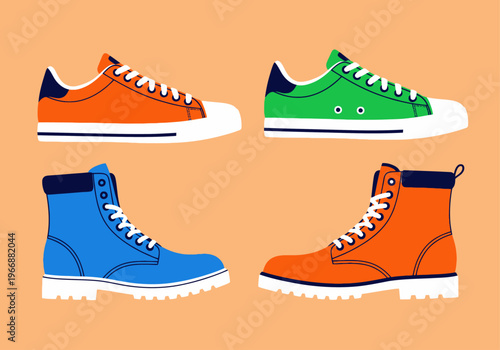 Pairs of colorful flat shoes including sneakers and boots peach background footwear