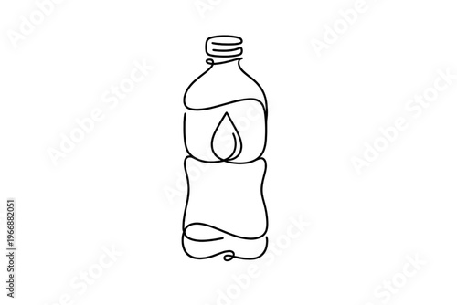 Minimalist line drawing of a plastic bottle with water droplet design