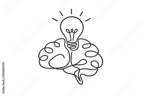 Creative concept: brain shaped lightbulb line art, symbolizing innovation and ideas