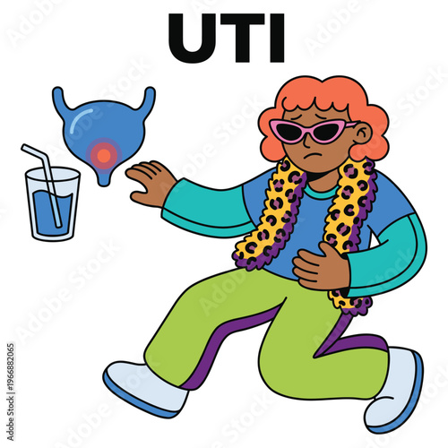 Cartoon character suffering from bladder discomfort, illustrating urinary tract infection symptoms and need for healthcare