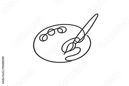 Minimalist line art of paint palette and brush on white background