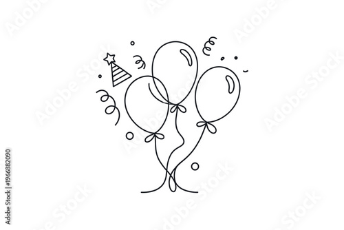 Simple party balloon line art with confetti and party hat