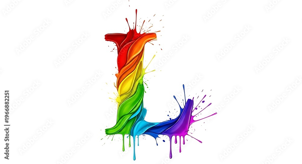 Obraz premium A single letter 'L' rendered in a vibrant, liquid rainbow paint splash effect, symbolizing creativity, individuality, and artistic expression.