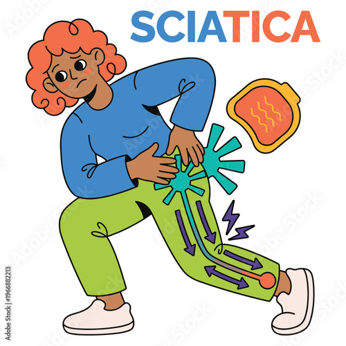 Character suffering from sciatica, a medical health disease presenting painful nerve symptoms, requiring healthcare