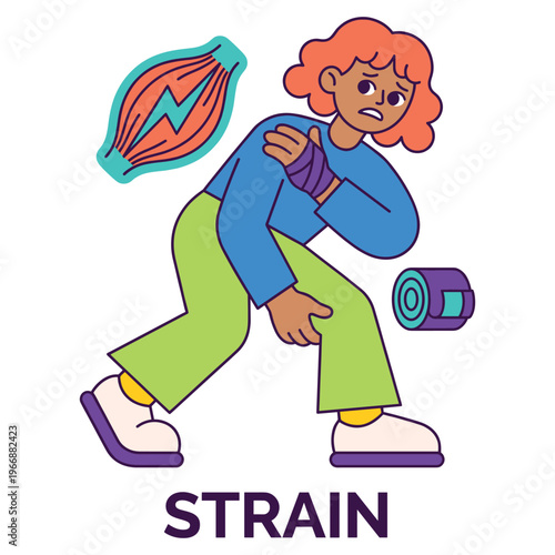 Healthcare character experiencing muscle strain symptoms, depicting pain and injury as a medical health concern