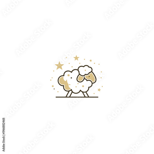 Simple illustration depicts a sheep with fluffy wool, surrounded by stars and small dots. A calm, warm color palette is used