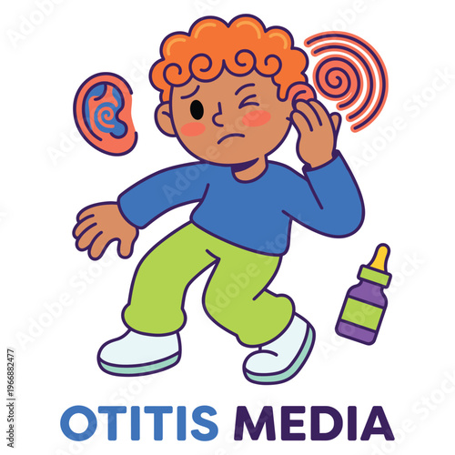 Young Child Suffering from Otitis Media Earache, an Illustration of Pediatric Health Symptoms and Healthcare Needs