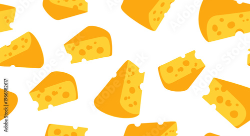 Seamless pattern of yellow swiss cheese wedges with holes white background food dairy