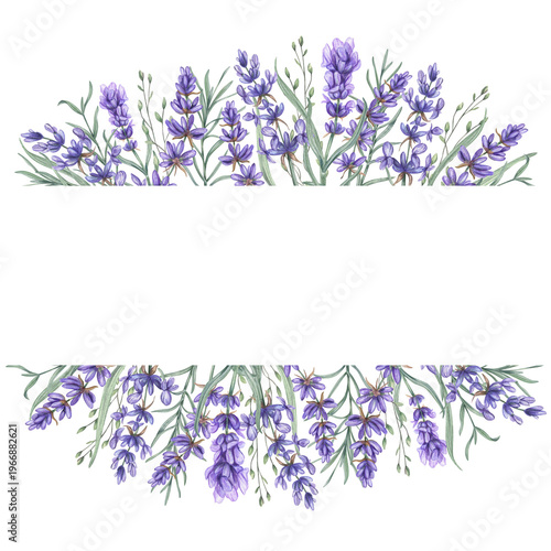 Watercolor purple Lavender flowers border on isolated background. Lilac wildflowers with leaves template. Empty space for text. Mediterranean summer wildflowers border for wedding invitations.