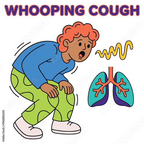 Cartoon character suffering from respiratory disease symptoms, highlighting medical health issues and the discomfort of severe coughing