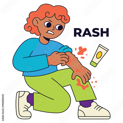 Cartoon character experiencing skin irritation and discomfort, illustrating common health disease symptoms requiring medical healthcare attention