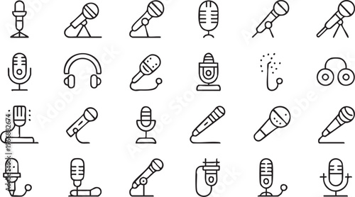Audio recording microphone icons collection in minimal line style for media design
