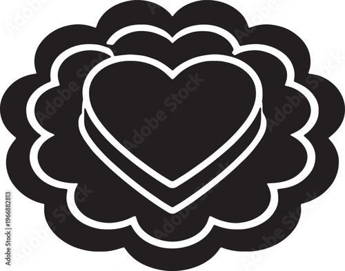 Heart shaped cake on decorative scalloped platter silhouette icon for romantic celebration and bakery