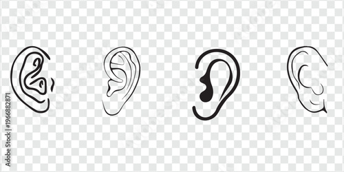 Minimal Black And White Ear Icons Pair — Hearing, Audio, And Listening Symbols On Transparent Background