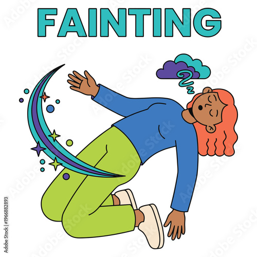 Visual healthcare concept illustrating a character suffering a fainting episode, a common health symptom of dizziness and collapse