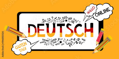 Deutsch. Translation: "German". Learning German. Online education concept. Language learning online service or platform. Professor teaching foreign languages. Children studying foreign vocabulary. 