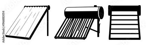 Solar thermal water heater set with solid black icon on white background featuring renewable energy, heating, water treatment with sustainable efficiency and clean technology