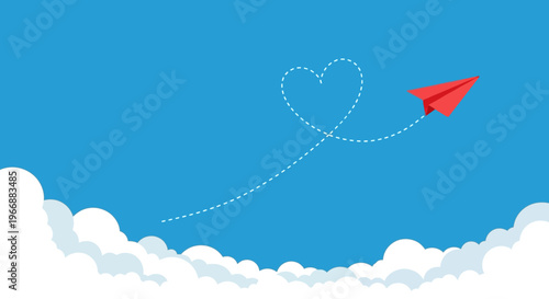 Minimalist illustration of a red paper airplane flying in a blue sky with white clouds and a heart-shaped dotted trail.