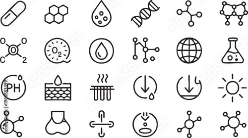 Chemistry science outline icon set with molecules dna and lab equipment vector

