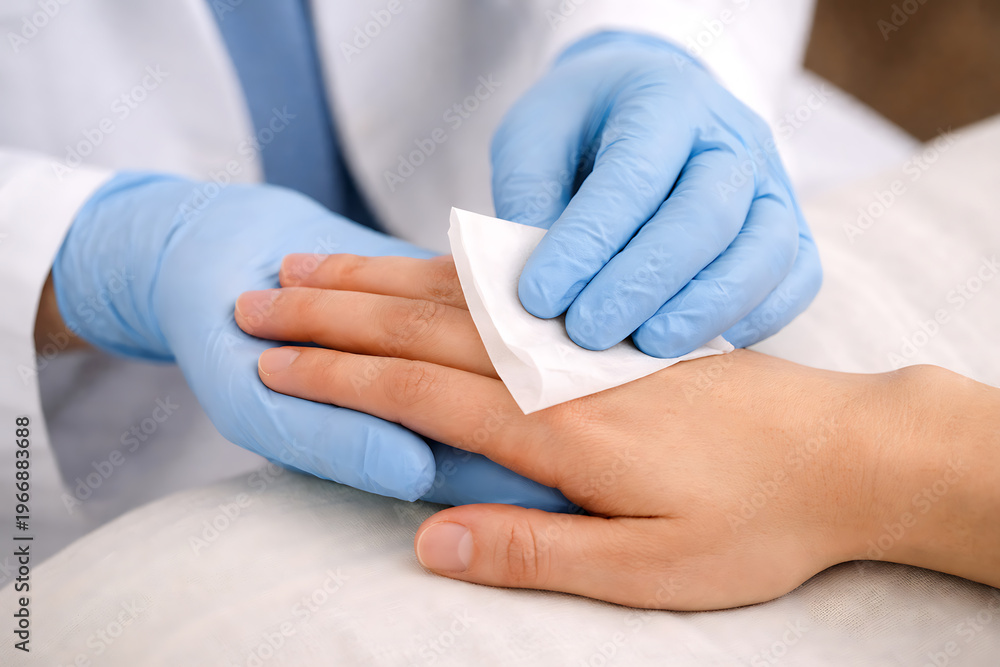 Fototapeta premium Medical Cleaning of Hand With Antiseptic Wipe Close Up for Hygiene Infection Control and Clinical Care Procedures