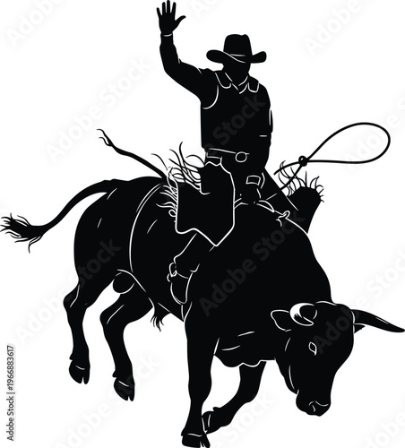 "Silhouette of a Cowboy Riding a Bull, Rodeo, and Bull Riding Sport Icon for Western-themed Designs"