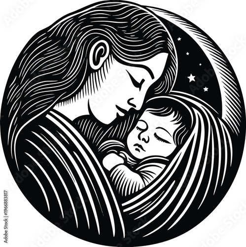 Mother Comforting Sleeping Baby Line Art Vector