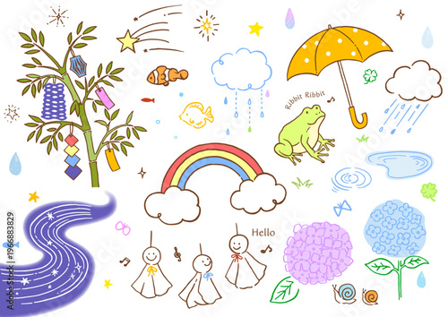 ゆるい手描きの雨の日と七夕のイラストセット
Hand-drawn Rainy Day and Tanabata Illustration Set