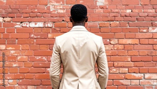 Man in light suit jacket standing against weathered red brick wall outdoors.