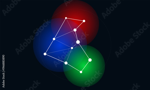 Abstract geometric constellation pattern with connected dots on red blue and green spheres
