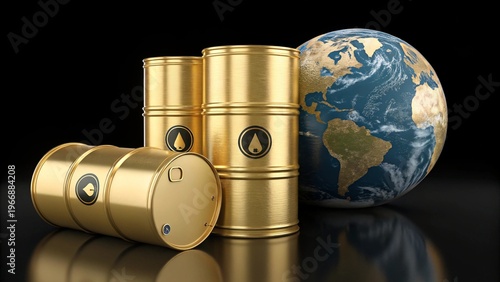 3d render of gold oil barrels with earth globe isolated on black background oil crisis concept
