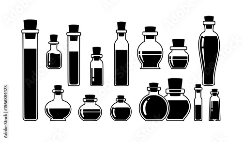Black potion bottle and vial vector silhouettes set with cork stoppers for fantasy and magic designs