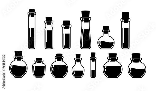 Vector black potion bottle silhouettes with corks and liquid for magical and alchemy illustrations