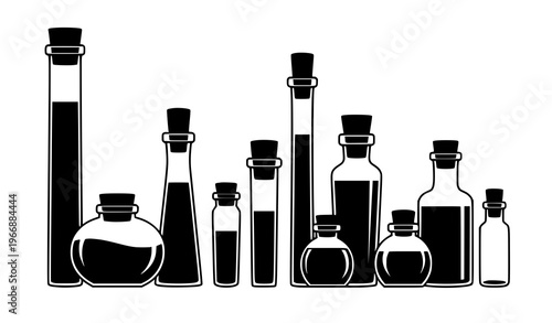 Minimalist black potion and vial silhouettes vector set for fantasy, magic, and alchemy designs