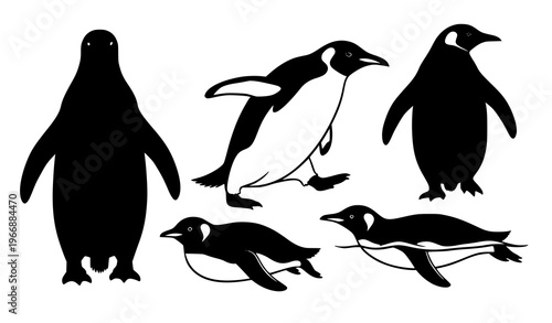 Minimalist penguin silhouettes vector set featuring standing, walking, and swimming poses
