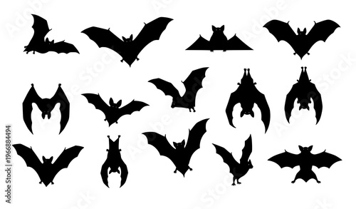 Vector black bat silhouettes with flying, hanging, and standing poses for spooky and wildlife illustrations