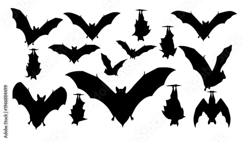 Minimalist bat silhouettes vector set featuring flying, hanging, and standing poses