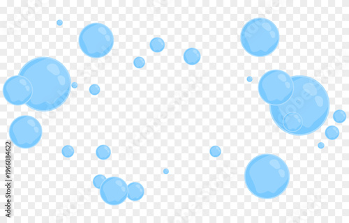 Blue soap bubbles in cartoon style. Cartoon bubbles PNG. Flying soap bubbles from foam or detergent.