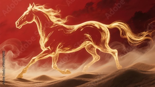 A gilded golden horse gallops through sand mist against a red background, presenting an unstoppable sense of power and auspicious atmosphere of the Year of the Horse with bright light and shadow, maki