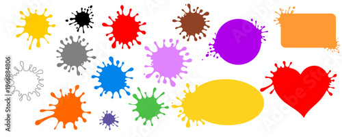Blots. Paint splatter colorful set. Round splash flat collection, decorative shapes liquids. Different splashes and drops, cartoon spatters. Stain colored ink collection. Isolated vector illustration