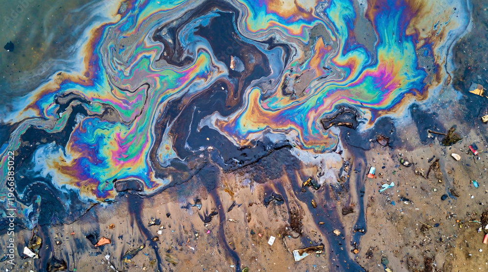 Naklejka premium Toxic oil slick creates colorful patterns across polluted shoreline water and sand. 